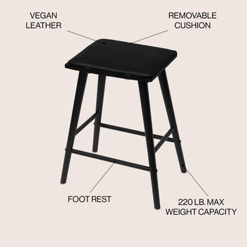 Peroni MidCentury Classic Saddle-Seat Solid Wood/Vegan Leather Backless Counter Stool with Removeable Cushion